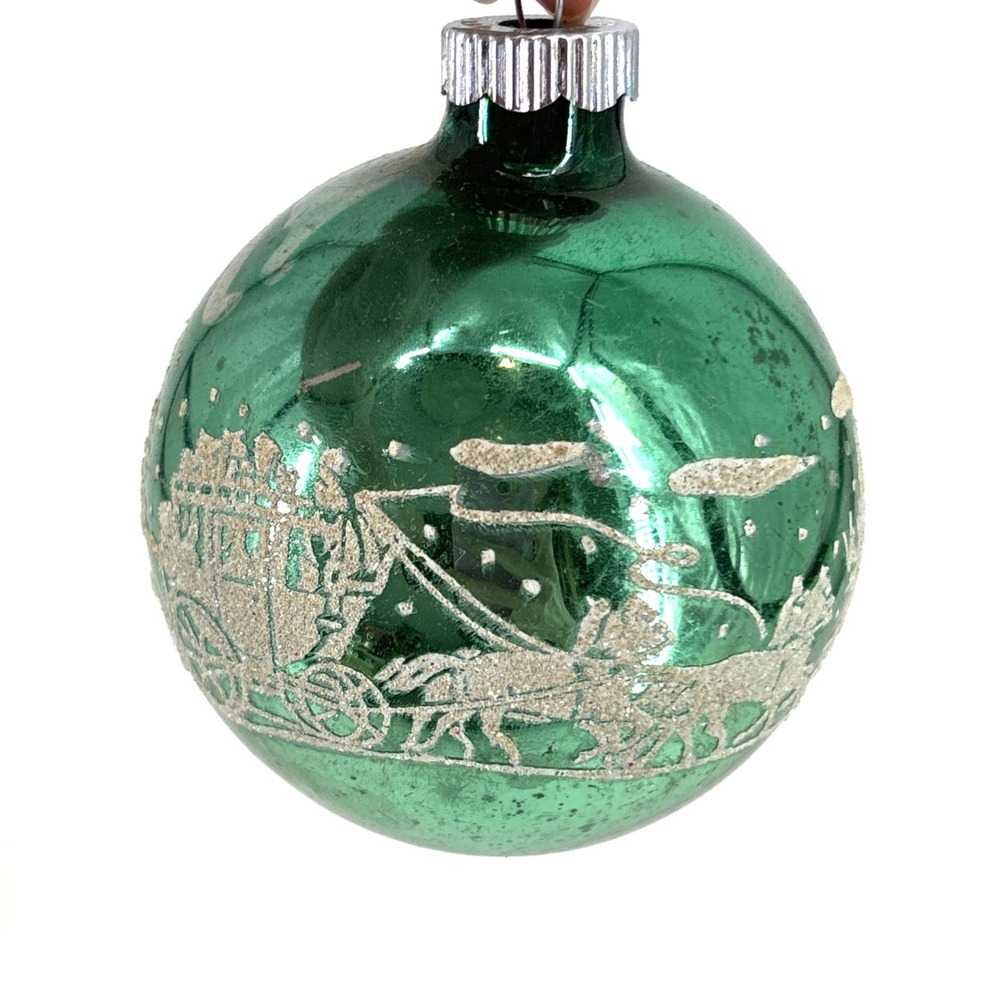 Vtg Mercury Glass Horse Drawn Carriage Stencil Ornament ~ Shiny Brite Green